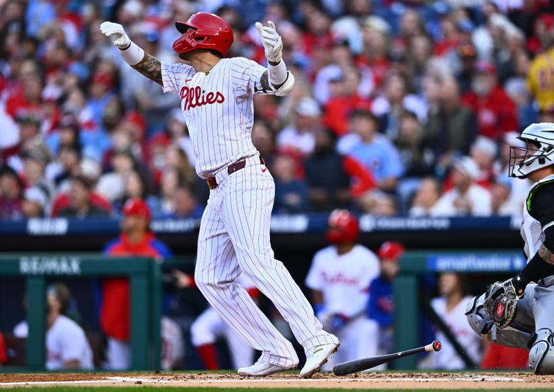 Apr 20, 2024; Philadelphia, Pennsylvania, USA; Philadelphia Phillies outfielder Nick Castellanos (8) reacts after hitting a triple against the Chicago White Sox in the second inning at Citizens Bank Park. Mandatory Credit: Kyle Ross-USA TODAY Sports
