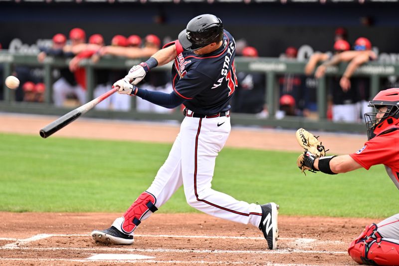 Feb 27, 2026; North Port, Florida, USA; Atlanta Braves left fielder Mike Yastrzemski (18) hits a solo home run in the second  inning against the Boston Red Sox during spring training at CoolToday Park. Mandatory Credit: Jonathan Dyer-Imagn Images