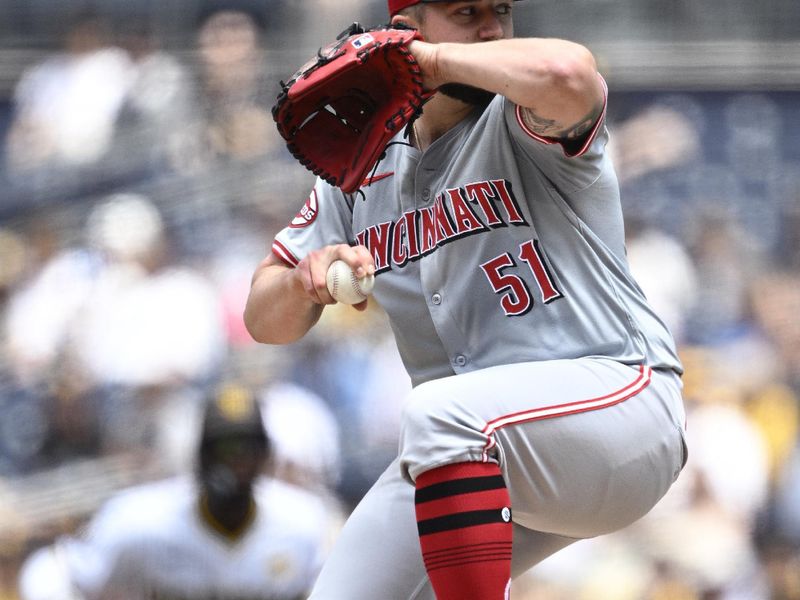 May 1, 2024; San Diego, California, USA; Cincinnati Reds starting pitcher Graham Ashcraft (51) throws a pitch against the San Diego Padres during the first inning at Petco Park. Mandatory Credit: Orlando Ramirez-USA TODAY Sports