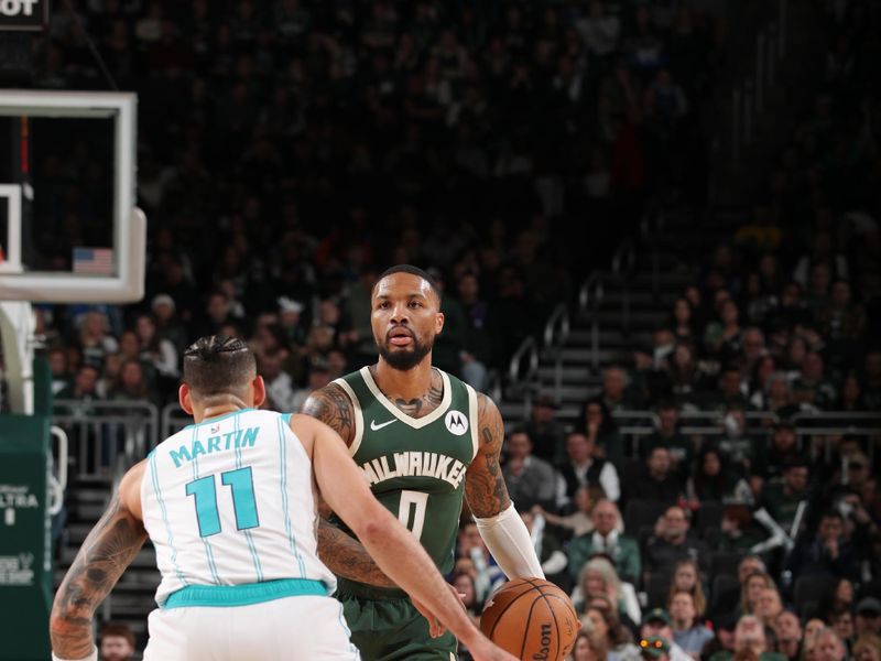 MILWAUKEE, WI - FEBRUARY 9: Damian Lillard #0 of the Milwaukee Bucks handles the ball during the game against the Charlotte Hornets on February 9, 2024 at the Fiserv Forum Center in Milwaukee, Wisconsin. NOTE TO USER: User expressly acknowledges and agrees that, by downloading and or using this Photograph, user is consenting to the terms and conditions of the Getty Images License Agreement. Mandatory Copyright Notice: Copyright 2024 NBAE (Photo by Gary Dineen/NBAE via Getty Images).