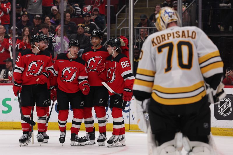Mar 16, 2026; Newark, New Jersey, USA; New Jersey Devils left wing Jesper Bratt (63) celebrates his goal against the Boston Bruins during the second period at Prudential Center. Mandatory Credit: Ed Mulholland-Imagn Images Mar 16, 2026; Newark, New Jersey, USA; New Jersey Devils left wing Jesper Bratt (63) celebrates his goal against the Boston Bruins during the second period at Prudential Center. Mandatory Credit: Ed Mulholland-Imagn Images