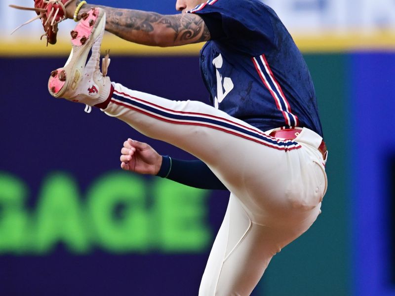 Jul 2, 2024; Cleveland, Ohio, USA; Cleveland Guardians shortstop Brayan Rocchio (4) catches a ball hit by Chicago White Sox catcher Korey Lee (26) during the third inning at Progressive Field. Mandatory Credit: Ken Blaze-USA TODAY Sports