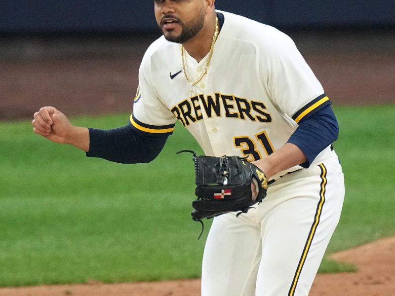 May 24, 2023; Milwaukee, Wisconsin, USA; Milwaukee Brewers relief pitcher Joel Payamps (31) reacts as Houston Astros right fielder Kyle Tucker (not pictured) lines out during the sixth inning at American Family Field. Mandatory Credit: Mark Hoffman-USA TODAY Sports