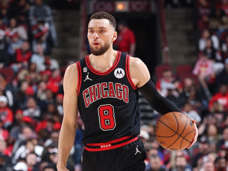 CHICAGO, IL - APRIL 4: Zach LaVine #8 of the Chicago Bulls dribbles the ball during the game against the Atlanta Hawks on April 4, 2023 at United Center in Chicago, Illinois. NOTE TO USER: User expressly acknowledges and agrees that, by downloading and or using this photograph, User is consenting to the terms and conditions of the Getty Images License Agreement. Mandatory Copyright Notice: Copyright 2023 NBAE (Photo by Jeff Haynes/NBAE via Getty Images)