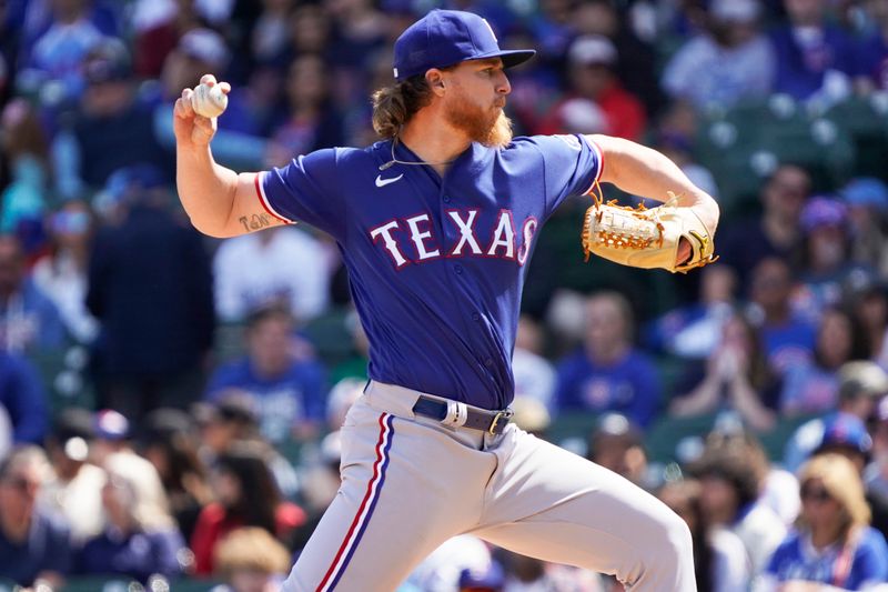 Apr 9, 2023; Chicago, Illinois, USA; Texas Rangers starting pitcher Jon Gray (22) throws the ball against the Chicago Cubs during the first inning at Wrigley Field. Mandatory Credit: David Banks-USA TODAY Sports