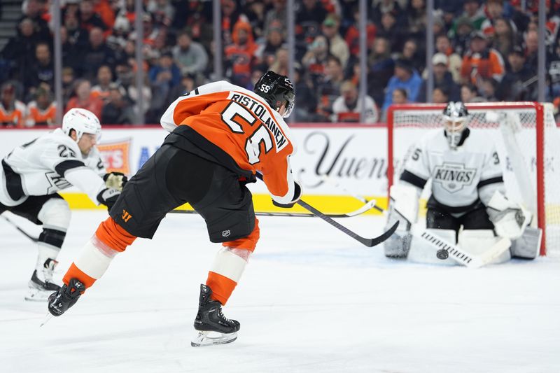 Jan 31, 2026; Philadelphia, Pennsylvania, USA; Philadelphia Flyers defenseman Rasmus Ristolainen (55) shoots the puck against the Los Angeles Kings in the second period at Xfinity Mobile Arena. Mandatory Credit: Kyle Ross-Imagn Images