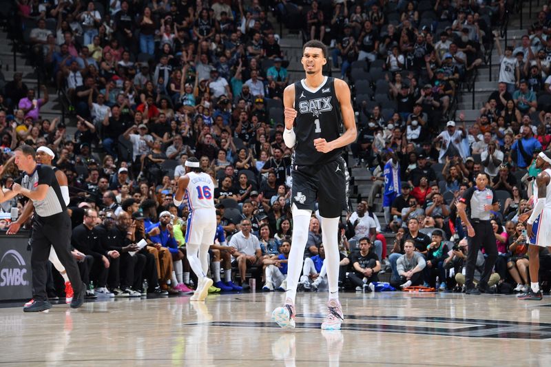 SAN ANTONIO, TX - APRIL 7: Victor Wembanyama #1 of the San Antonio Spurs celebrates during the game against the Philadelphia 76ers on April 7, 2024 at the Frost Bank Center in San Antonio, Texas. NOTE TO USER: User expressly acknowledges and agrees that, by downloading and or using this photograph, user is consenting to the terms and conditions of the Getty Images License Agreement. Mandatory Copyright Notice: Copyright 2024 NBAE (Photos by Michael Gonzales/NBAE via Getty Images)