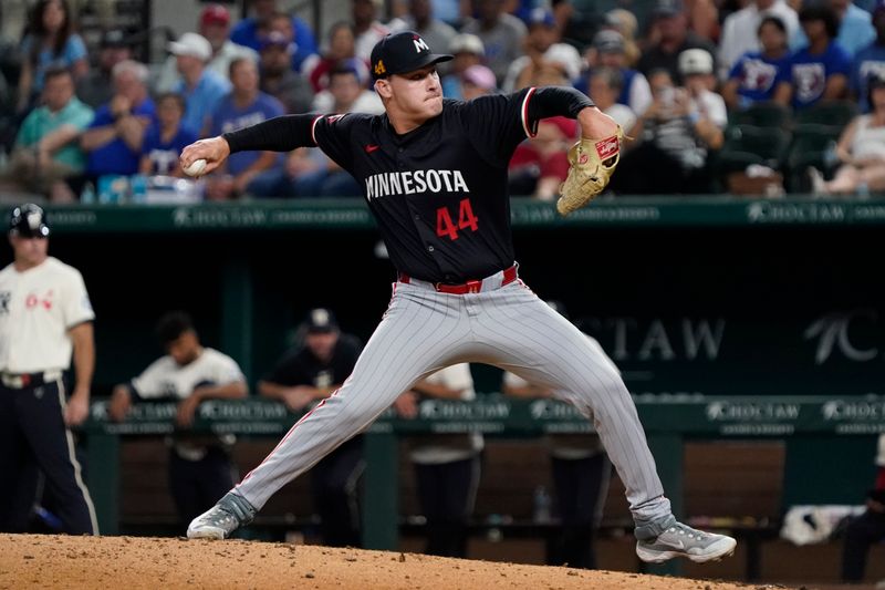 Aug 16, 2024; Arlington, Texas, USA; Minnesota Twins pitcher Cole Sands (44) throws to the plate during the sixth inning against the Texas Rangers at Globe Life Field. Mandatory Credit: Raymond Carlin III-USA TODAY Sports