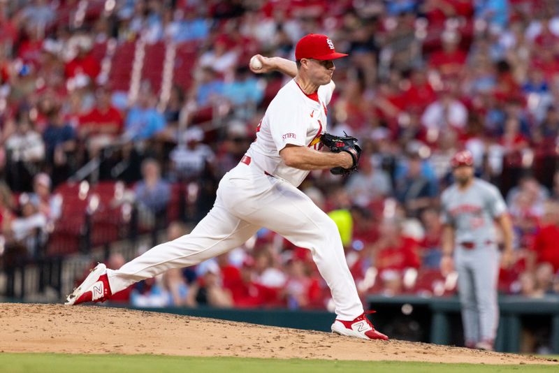 Jun 27, 2024; St. Louis, Missouri, USA; St. Louis Cardinals pitcher John King (47) pitches against the Cincinnati Reds in the fifth inning at Busch Stadium. Mandatory Credit: Zach Dalin-USA TODAY Sports