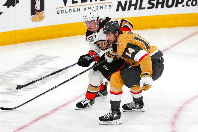 Apr 18, 2024; Las Vegas, Nevada, USA; Anaheim Ducks right wing Sam Colangelo (64) shoots against Vegas Golden Knights defenseman Nicolas Hague (14) during the third period at T-Mobile Arena. Mandatory Credit: Stephen R. Sylvanie-USA TODAY Sports