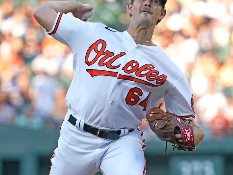 Jul 30, 2023; Baltimore, Maryland, USA; Baltimore Orioles pitcher Dean Kremer (64) delivers in the first inning against the New York Yankees at Oriole Park at Camden Yards. Mandatory Credit: Mitch Stringer-USA TODAY Sports