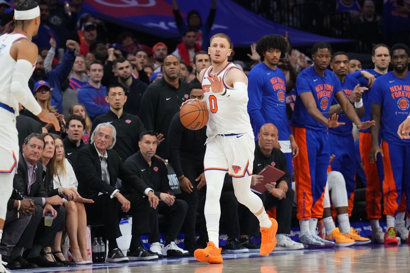 PHILADELPHIA, PA - APRIL 25: Donte Divincenzo #0 of the New York Knicks dribbles the ball during the game against the Philadelphia 76ers during Round 1 Game 3 of the 2024 NBA Playoffs on April 25, 2024 at the Wells Fargo Center in Philadelphia, Pennsylvania NOTE TO USER: User expressly acknowledges and agrees that, by downloading and/or using this Photograph, user is consenting to the terms and conditions of the Getty Images License Agreement. Mandatory Copyright Notice: Copyright 2024 NBAE (Photo by Jesse D. Garrabrant/NBAE via Getty Images)