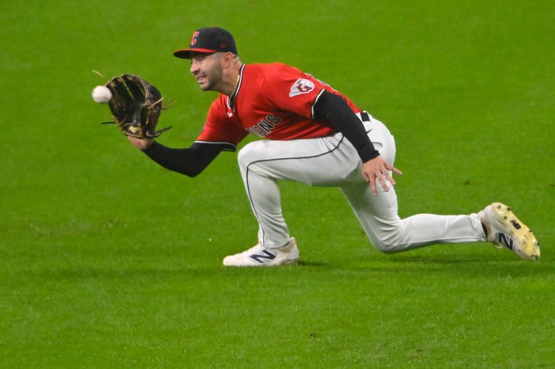 Sep 24, 2025; Cleveland, Ohio, USA; Cleveland Guardians right fielder CJ Kayfus (63) catches a fly ball in the second inning against the Detroit Tigers at Progressive Field. Mandatory Credit: David Richard-Imagn Images