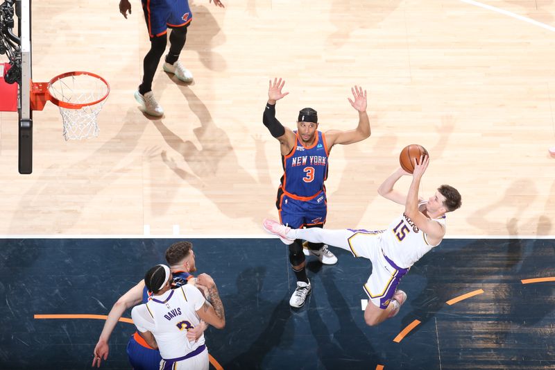 NEW YORK, NY - FEBRUARY 3: Austin Reaves #15 of the Los Angeles Lakers shoots the ball during the game against the New York Knicks on February 3, 2024 at Madison Square Garden in New York City, New York.  NOTE TO USER: User expressly acknowledges and agrees that, by downloading and or using this photograph, User is consenting to the terms and conditions of the Getty Images License Agreement. Mandatory Copyright Notice: Copyright 2024 NBAE  (Photo by Nathaniel S. Butler/NBAE via Getty Images)