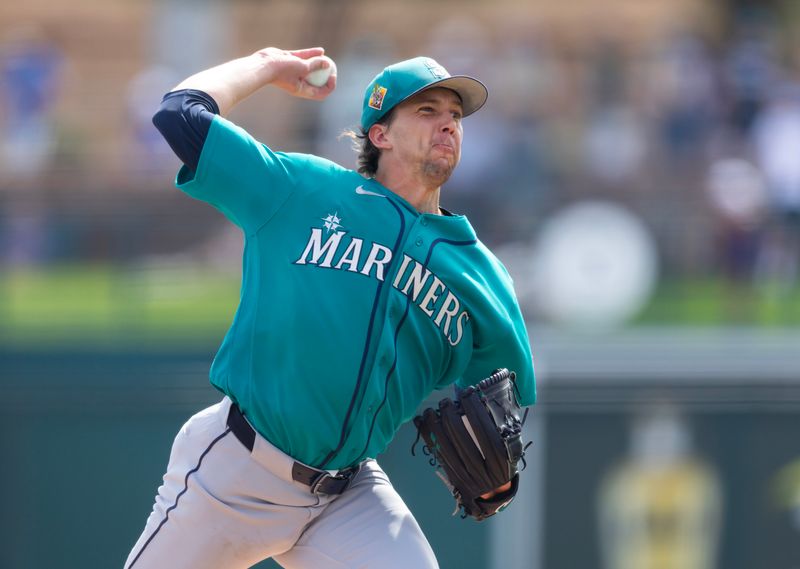 Feb 23, 2026; Phoenix, Arizona, USA; Seattle Mariners pitcher Logan Gilbert against the Los Angeles Dodgers during a spring training game at Camelback Ranch-Glendale. Mandatory Credit: Mark J. Rebilas-Imagn Images