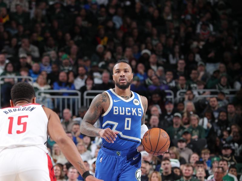 MILWAUKEE, WI - NOVEMBER 30: Damian Lillard #0 of the Milwaukee Bucks dribbles the ball during the game against the Washington Wizards on November 30, 2024 at Fiserv Forum Center in Milwaukee, Wisconsin. NOTE TO USER: User expressly acknowledges and agrees that, by downloading and or using this Photograph, user is consenting to the terms and conditions of the Getty Images License Agreement. Mandatory Copyright Notice: Copyright 2024 NBAE (Photo by Gary Dineen/NBAE via Getty Images).