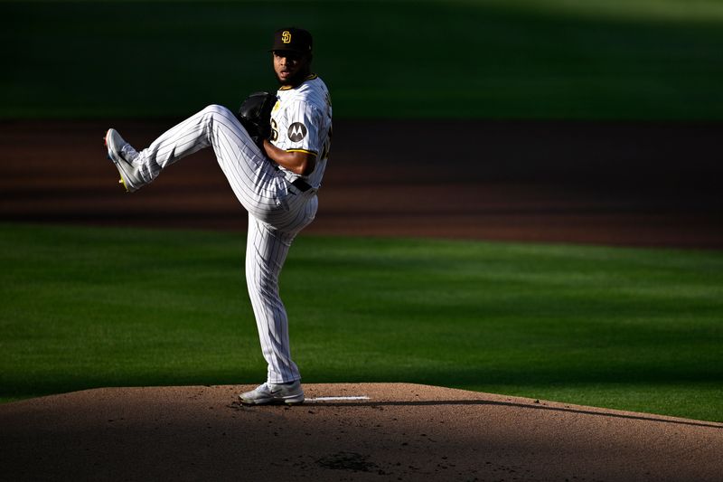 Apr 20, 2024; San Diego, California, USA; San Diego Padres starting pitcher Randy Vasquez (98) throws a pitch against the Toronto Blue Jays during the first inning at Petco Park. Mandatory Credit: Orlando Ramirez-USA TODAY Sports