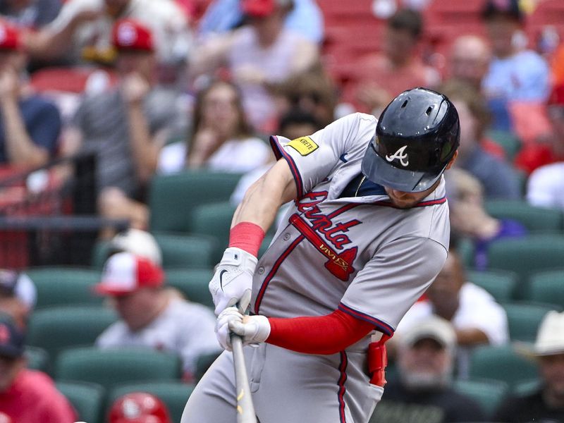 Jun 26, 2024; St. Louis, Missouri, USA; Atlanta Braves center fielder Jarred Kelenic (24) hits a two run home run against the St. Louis Cardinals during the sixth inning at Busch Stadium. Mandatory Credit: Jeff Curry-USA TODAY Sports