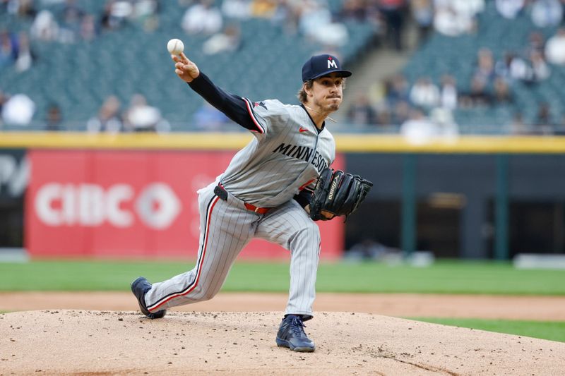 Apr 29, 2024; Chicago, Illinois, USA; Minnesota Twins starting pitcher Joe Ryan (41) delivers a pitch against the Chicago White Sox during the first inning at Guaranteed Rate Field. Mandatory Credit: Kamil Krzaczynski-USA TODAY Sports