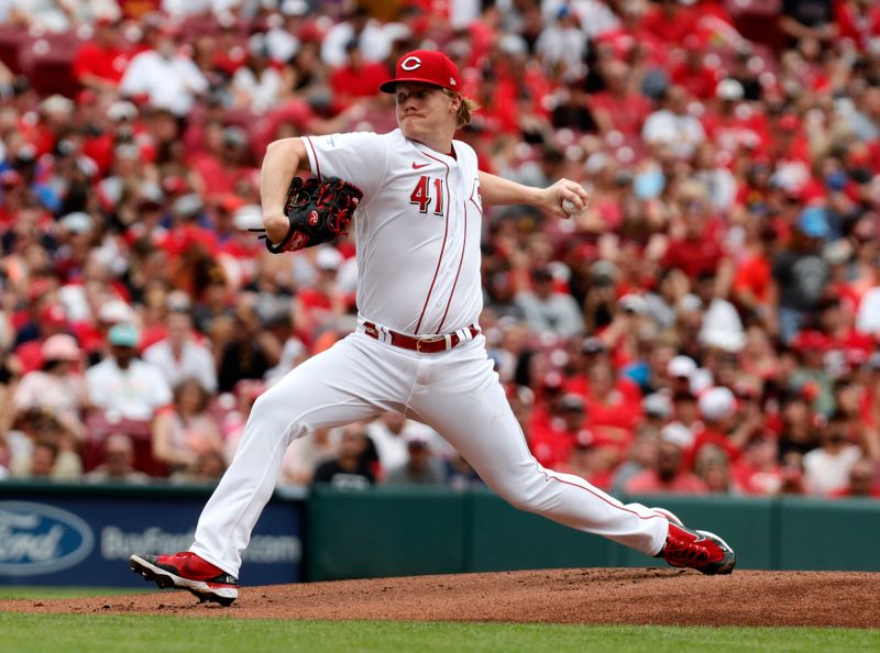 Jul 2, 2023; Cincinnati, Ohio, USA; Cincinnati Reds starting pitcher Andrew Abbott (41) throws against the San Diego Padres during the first inning at Great American Ball Park. Mandatory Credit: David Kohl-USA TODAY Sports