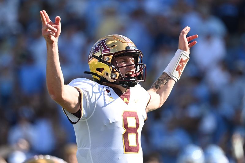 Sep 16, 2023; Chapel Hill, North Carolina, USA; Minnesota Golden Gophers quarterback Athan Kaliakmanis (8) on the field in the second quarter at Kenan Memorial Stadium. Mandatory Credit: Bob Donnan-USA TODAY Sports