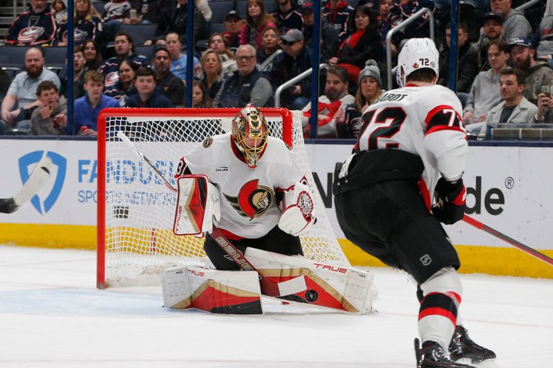 Apr 8, 2025; Columbus, Ohio, USA; Ottawa Senators goalie Anton Forsberg (31) makes a pad save against the Columbus Blue Jackets during the first period at Nationwide Arena. Mandatory Credit: Russell LaBounty-Imagn Images