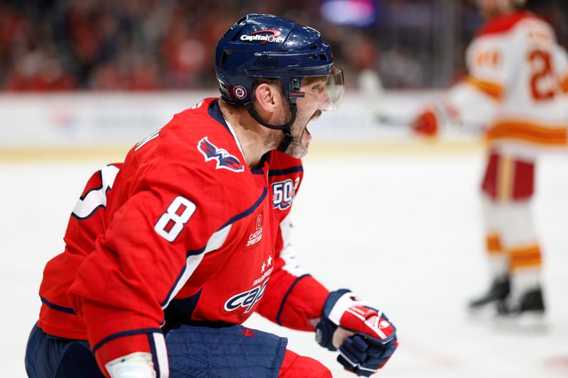 Feb 25, 2025; Washington, District of Columbia, USA; Washington Capitals left wing Alex Ovechkin (8) celebrates after scoring a goal against the Calgary Flames in the third period at Capital One Arena. Mandatory Credit: Geoff Burke-Imagn Images