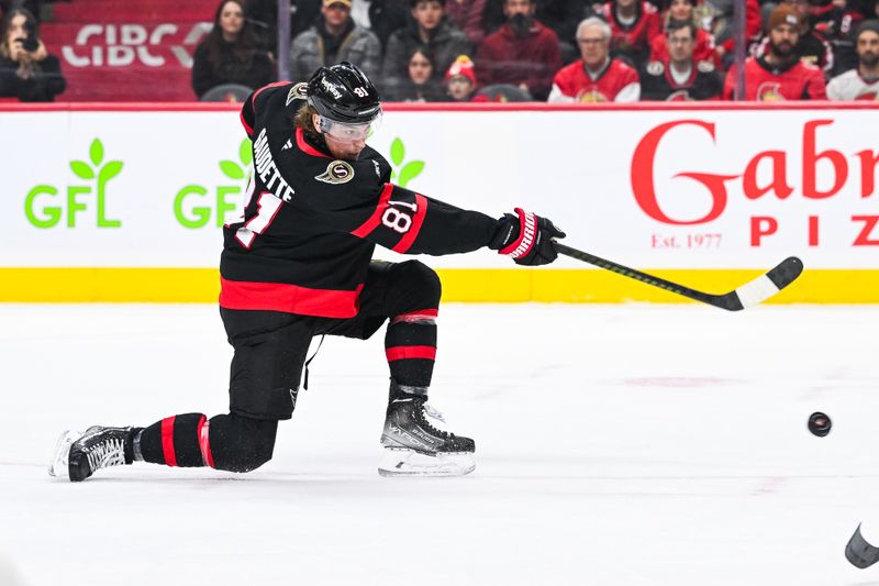 Nov 25, 2024; Ottawa, Ontario, CAN; Ottawa Senators center Adam Gaudette (81) shoots the puck against the Calgary Flames during the first period at Canadian Tire Centre. Mandatory Credit: David Kirouac-Imagn Images