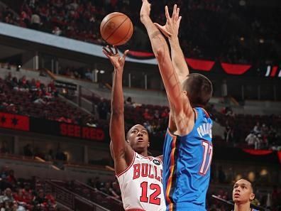 CHICAGO, IL - OCTOBER 25: Ayo Dosunmu #12 of the Chicago Bulls shoots the ball during the game against the Oklahoma City Thunder on October 25, 2023 at United Center in Chicago, Illinois. NOTE TO USER: User expressly acknowledges and agrees that, by downloading and or using this photograph, User is consenting to the terms and conditions of the Getty Images License Agreement. Mandatory Copyright Notice: Copyright 2023 NBAE (Photo by Gary Dineen/NBAE via Getty Images)