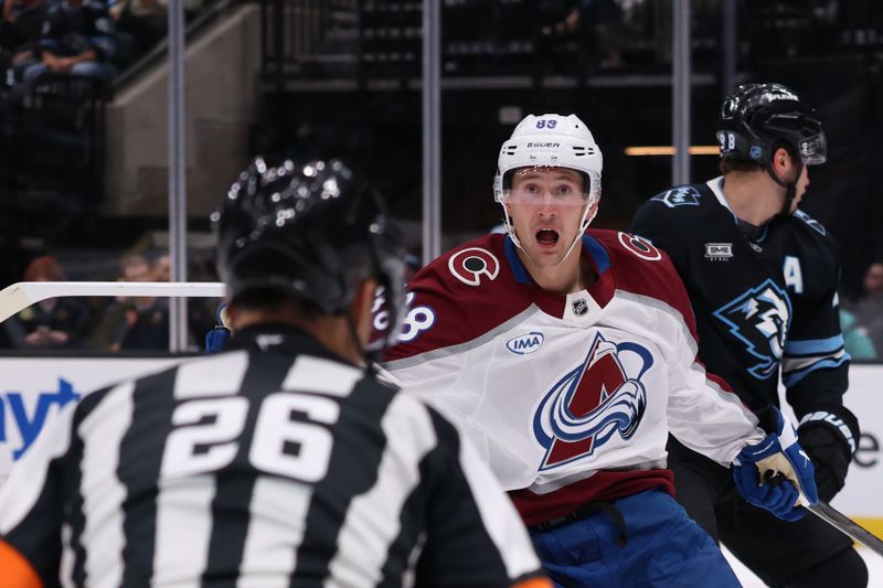 Oct 21, 2025; Salt Lake City, Utah, USA; Colorado Avalanche center Martin Necas (88) reacts to a play against the Utah Mammoth during the second period at Delta Center. Mandatory Credit: Rob Gray-Imagn Images
