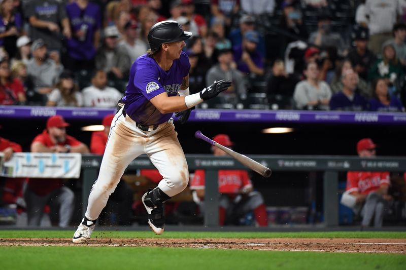 Sep 20, 2025; Denver, Colorado, USA; Colorado Rockies outfielder Jordan Beck (27) grounds into a game-ending double play against the Los Angeles Angels at Coors Field. Mandatory Credit: Christopher Hanewinckel-Imagn Images