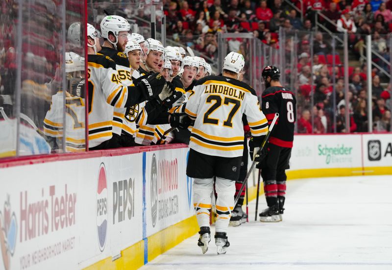 Oct 31, 2024; Raleigh, North Carolina, USA;  Boston Bruins defenseman Hampus Lindholm (27) celebrates his goal against the Carolina Hurricanes during the second period at Lenovo Center. Mandatory Credit: James Guillory-Imagn Images