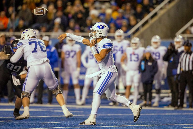 Nov 5, 2022; Boise, Idaho, USA;  Brigham Young Cougars quarterback Jaren Hall (3) throws a pass against the Boise State Broncos during the second half at Albertsons Stadium. Brigham Young won 31-28. Mandatory Credit: Brian Losness-USA TODAY Sports