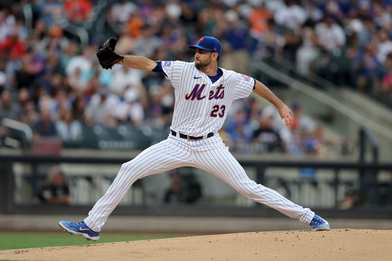 Aug 15, 2023; New York City, New York, USA; New York Mets starting pitcher David Peterson (23) pitches against the Pittsburgh Pirates during the first inning at Citi Field. Mandatory Credit: Brad Penner-USA TODAY Sports