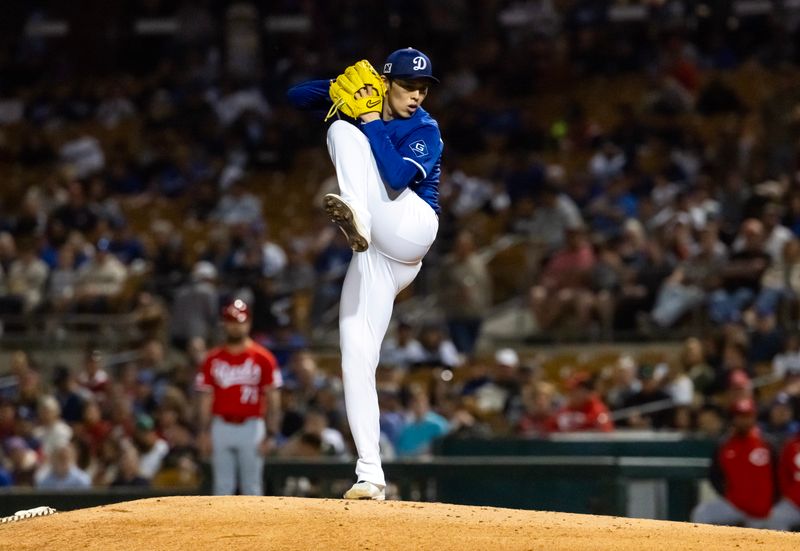 Mar 4, 2025; Phoenix, Arizona, USA; Los Angeles Dodgers pitcher Roki Sasaki against the Cincinnati Reds during a spring training game at Camelback Ranch-Glendale. Mandatory Credit: Mark J. Rebilas-Imagn Images