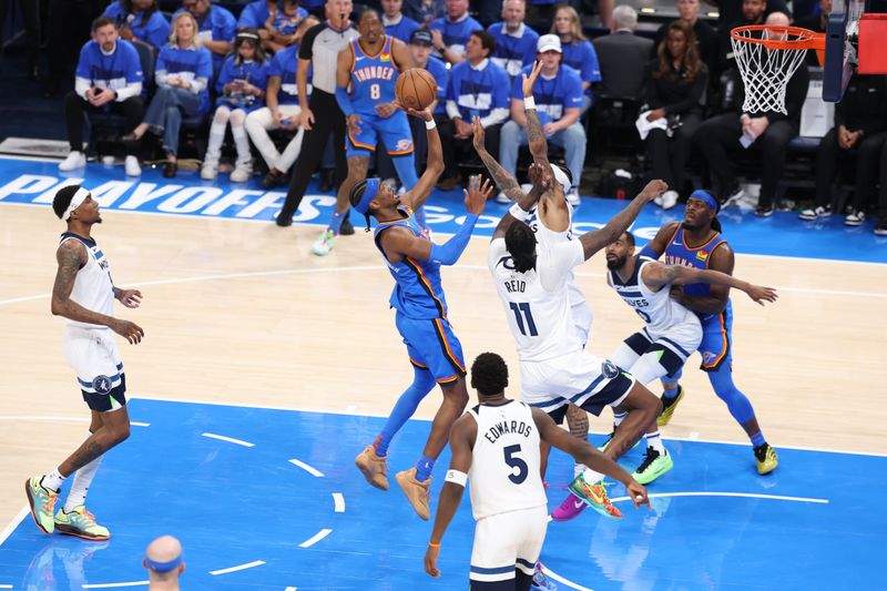 OKLAHOMA CITY, OK - MAY 22: Shai Gilgeous-Alexander #2 of the Oklahoma City Thunder drives to the basket during the game against the Minnesota Timberwolves during Game Two of the 2025 Western Conference Finals on May 22, 2025 at Paycom Center in Oklahoma City, Oklahoma. NOTE TO USER: User expressly acknowledges and agrees that, by downloading and or using this Photograph, user is consenting to the terms and conditions of the Getty Images License Agreement. Mandatory Copyright Notice: Copyright 2025 NBAE (Photo by David Sherman/NBAE via Getty Images)