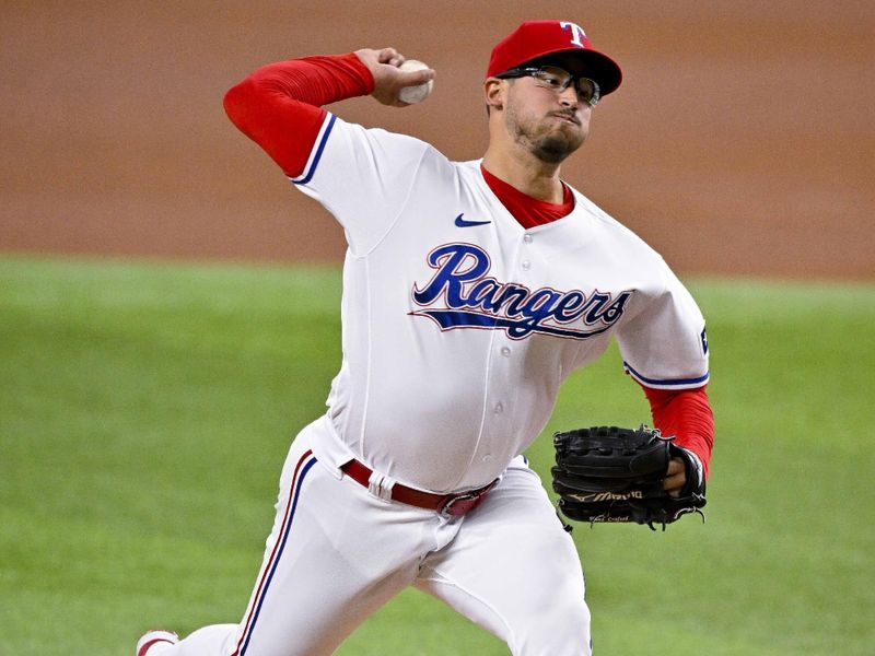 May 16, 2023; Arlington, Texas, USA; Texas Rangers starting pitcher Dane Dunning (33) pitches against the Atlanta Braves during the first inning at Globe Life Field. Mandatory Credit: Jerome Miron-USA TODAY Sports