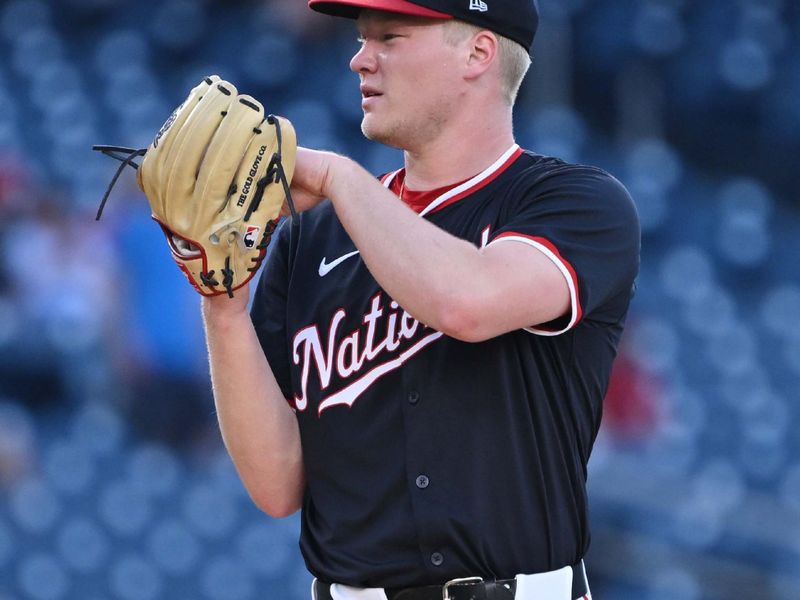 Jul 2, 2024; Washington, District of Columbia, USA; Washington Nationals starting pitcher DJ Herz (74) prepares to throw a pitch against the New York Mets during the first inning at Nationals Park. Mandatory Credit: Rafael Suanes-USA TODAY Sports