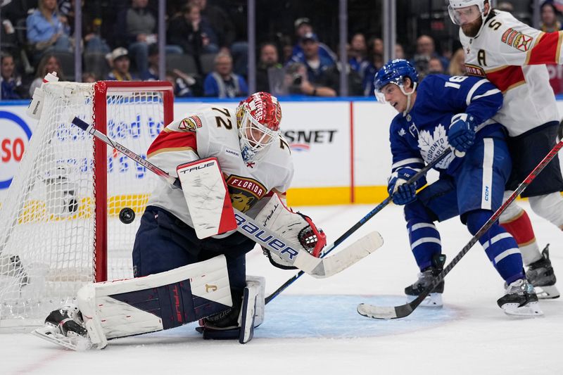 May 14, 2025; Toronto, Ontario, CAN; Florida Panthers goaltender Sergei Bobrovsky (72) makes a save against Toronto Maple Leafs forward Mitch Marner (16) during the third period of game five of the second round of the 2025 Stanley Cup Playoffs at Scotiabank Arena. Mandatory Credit: John E. Sokolowski-Imagn Images