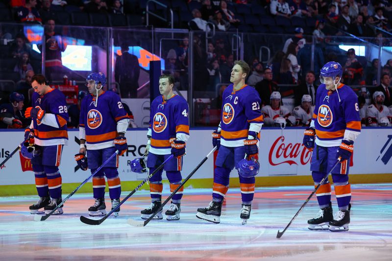 Mar 16, 2024; Elmont, New York, USA; General view of the New York Islanders starters before the game against the Ottawa Senators at UBS Arena. Mandatory Credit: Thomas Salus-USA TODAY Sports