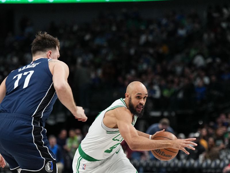 DALLAS, TX - JANUARY 22: Derrick White #9 of the Boston Celtics drives to the basket during the game against the Dallas Mavericks on January 22, 2024 at the American Airlines Center in Dallas, Texas. NOTE TO USER: User expressly acknowledges and agrees that, by downloading and or using this photograph, User is consenting to the terms and conditions of the Getty Images License Agreement. Mandatory Copyright Notice: Copyright 2024 NBAE (Photo by Glenn James/NBAE via Getty Images)