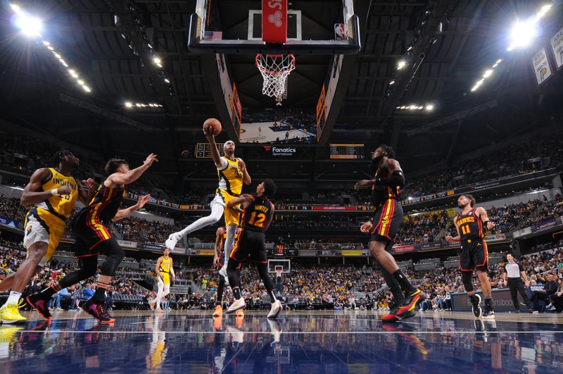 INDIANAPOLIS, IN - APRIL 14: Myles Turner #33 of the Indiana Pacers shoots the ball during the game against the Atlanta Hawks on April 14, 2024 at Gainbridge Fieldhouse in Indianapolis, Indiana. NOTE TO USER: User expressly acknowledges and agrees that, by downloading and or using this Photograph, user is consenting to the terms and conditions of the Getty Images License Agreement. Mandatory Copyright Notice: Copyright 2024 NBAE (Photo by Ron Hoskins/NBAE via Getty Images)