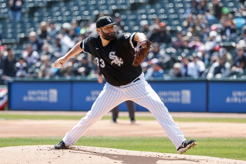 Apr 6, 2023; Chicago, Illinois, USA; Chicago White Sox starting pitcher Lance Lynn (33) delivers against the San Francisco Giants during the first inning at Guaranteed Rate Field. Mandatory Credit: Kamil Krzaczynski-USA TODAY Sports