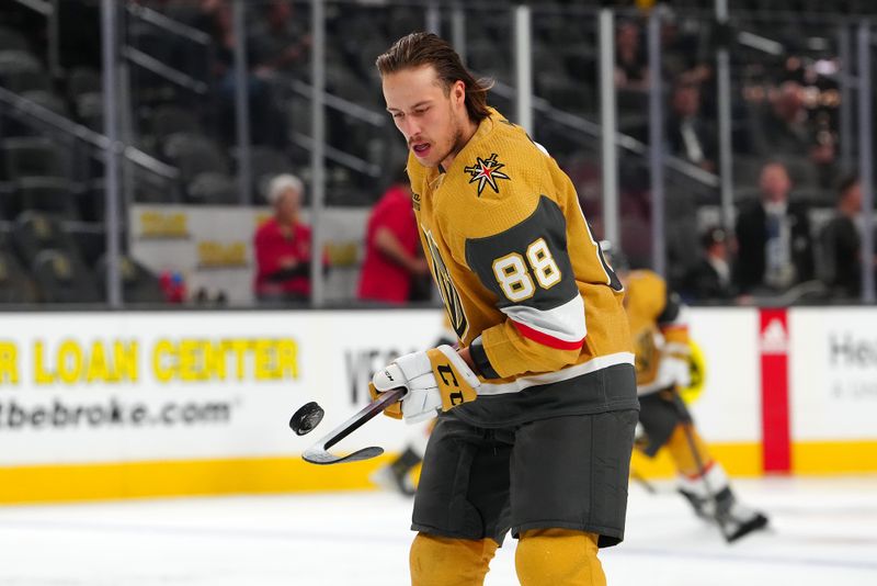 Sep 29, 2023; Las Vegas, Nevada, USA; Vegas Golden Knights forward Maxime Comtois (88) warms up before the start of a preseason game against the Arizona Coyotes at T-Mobile Arena. Mandatory Credit: Stephen R. Sylvanie-USA TODAY Sports