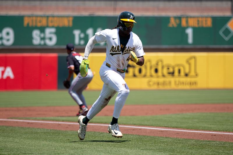 Jun 5, 2025; West Sacramento, California, USA; Athletics right fielder Lawrence Butler (4) scores on a single by Brent Rooker during the first inning against the Minnesota Twins at Sutter Health Park. Mandatory Credit: D. Ross Cameron-Imagn Images