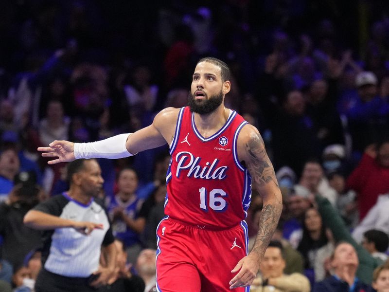 PHILADELPHIA, PA - NOVEMBER 22: Caleb Martin #16 of the Philadelphia 76ers celebrates during the game against the Brooklyn Nets during the Emirates NBA Cup game on November 22, 2024 at the Wells Fargo Center in Philadelphia, Pennsylvania NOTE TO USER: User expressly acknowledges and agrees that, by downloading and/or using this Photograph, user is consenting to the terms and conditions of the Getty Images License Agreement. Mandatory Copyright Notice: Copyright 2024 NBAE (Photo by Jesse D. Garrabrant/NBAE via Getty Images)