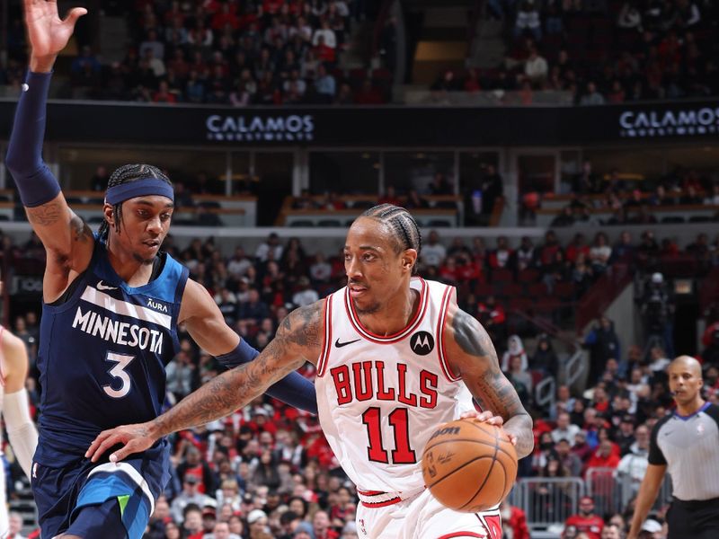 CHICAGO, IL - FEBRUARY 6: DeMar DeRozan #11 of the Chicago Bulls drives to the basket during the game against the Minnesota Timberwolves on February 6, 2024 at United Center in Chicago, Illinois. NOTE TO USER: User expressly acknowledges and agrees that, by downloading and or using this photograph, User is consenting to the terms and conditions of the Getty Images License Agreement. Mandatory Copyright Notice: Copyright 2024 NBAE (Photo by Jeff Haynes/NBAE via Getty Images)