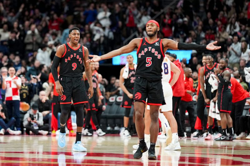 TORONTO, CANADA - FEBRUARY 23: RJ Barrett #9 of the Toronto Raptors celebrates scoring against the Phoenix Suns during the second half at Scotiabank Arena on February 23, 2025 in Toronto, Canada. NOTE TO USER: User expressly acknowledges and agrees that, by downloading and or using this photograph, User is consenting to the terms and conditions of the Getty Images License Agreement. (Photo by Kevin Sousa/Getty Images)