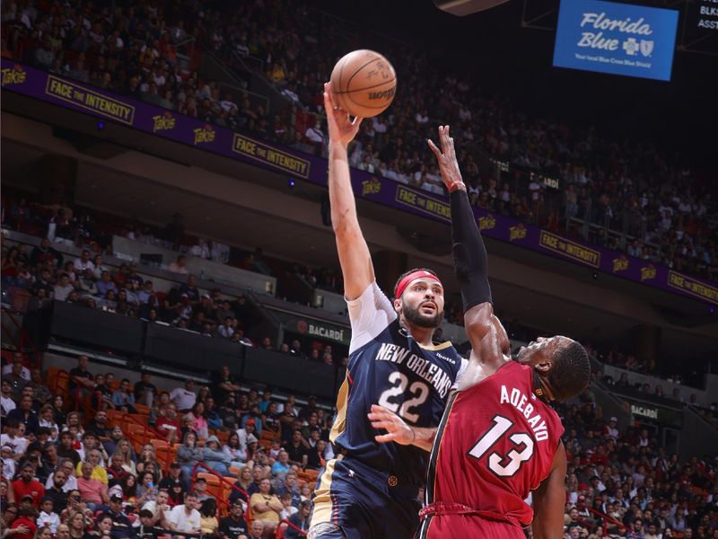 MIAMI, FL - JANUARY 22: Larry Nance Jr. #22 of the New Orleans Pelicans drives to the basket during the game against the Miami Heat on January 22, 2023 at Miami-Dade Arena in Miami, Florida. NOTE TO USER: User expressly acknowledges and agrees that, by downloading and or using this Photograph, user is consenting to the terms and conditions of the Getty Images License Agreement. Mandatory Copyright Notice: Copyright 2023 NBAE (Photo by Nathaniel S. Butler/NBAE via Getty Images)