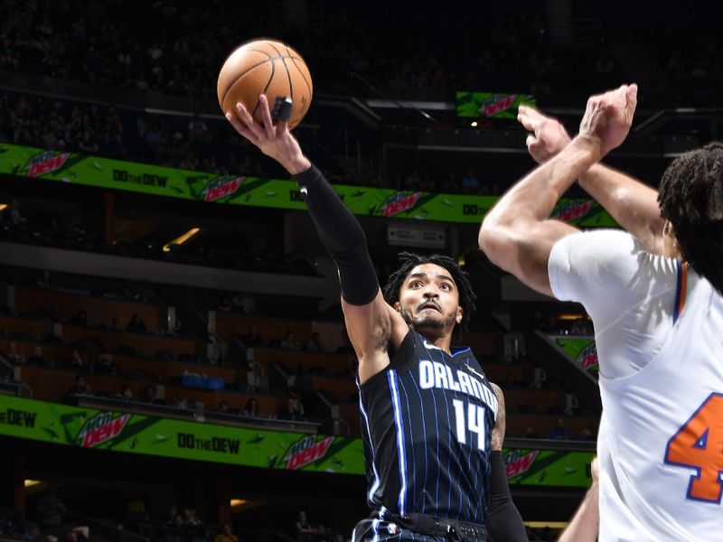 ORLANDO, FL -FEBRUARY 7: Gary Harris #14 of the Orlando Magic drives to the basket during the game against the New York Knicks on February 7, 2023 at Amway Center in Orlando, Florida. NOTE TO USER: User expressly acknowledges and agrees that, by downloading and or using this photograph, User is consenting to the terms and conditions of the Getty Images License Agreement. Mandatory Copyright Notice: Copyright 2022 NBAE (Photo by Fernando Medina/NBAE via Getty Images)